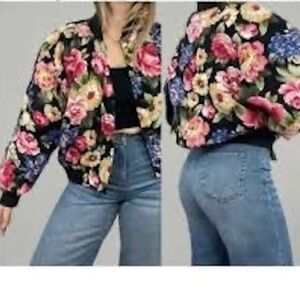 Liz Claiborne Lizwear Bomber Jacket Size Medium Floral Puff Rayon